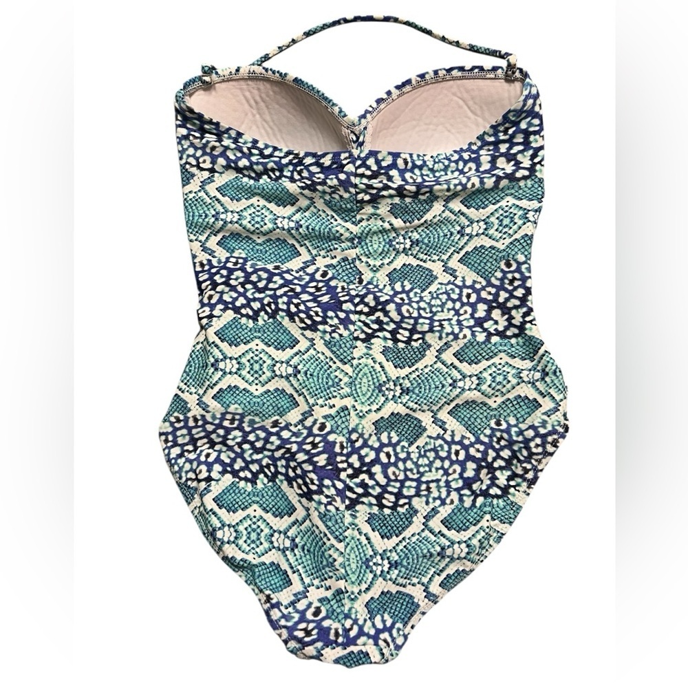 La Blanca one piece goddess v-neck snake print ruched bathing suit blue teal - Picture 2 of 9